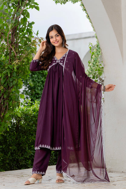Purple Nyra Cut Embroidered Rayon Kurta and Pant Set with Dupatta