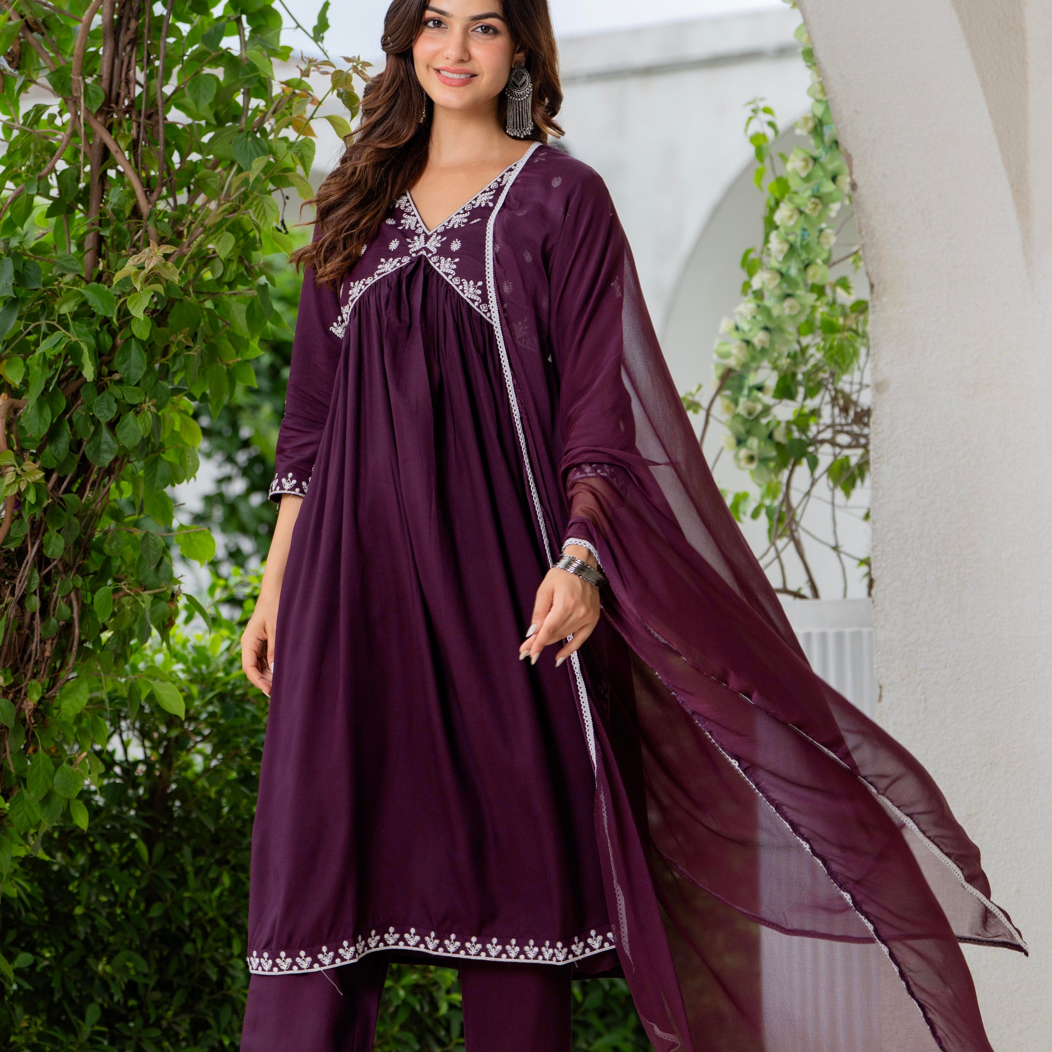Purple Nyra Cut Embroidered Rayon Kurta and Pant Set with Dupatta