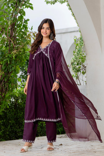 Purple Nyra Cut Embroidered Rayon Kurta and Pant Set with Dupatta