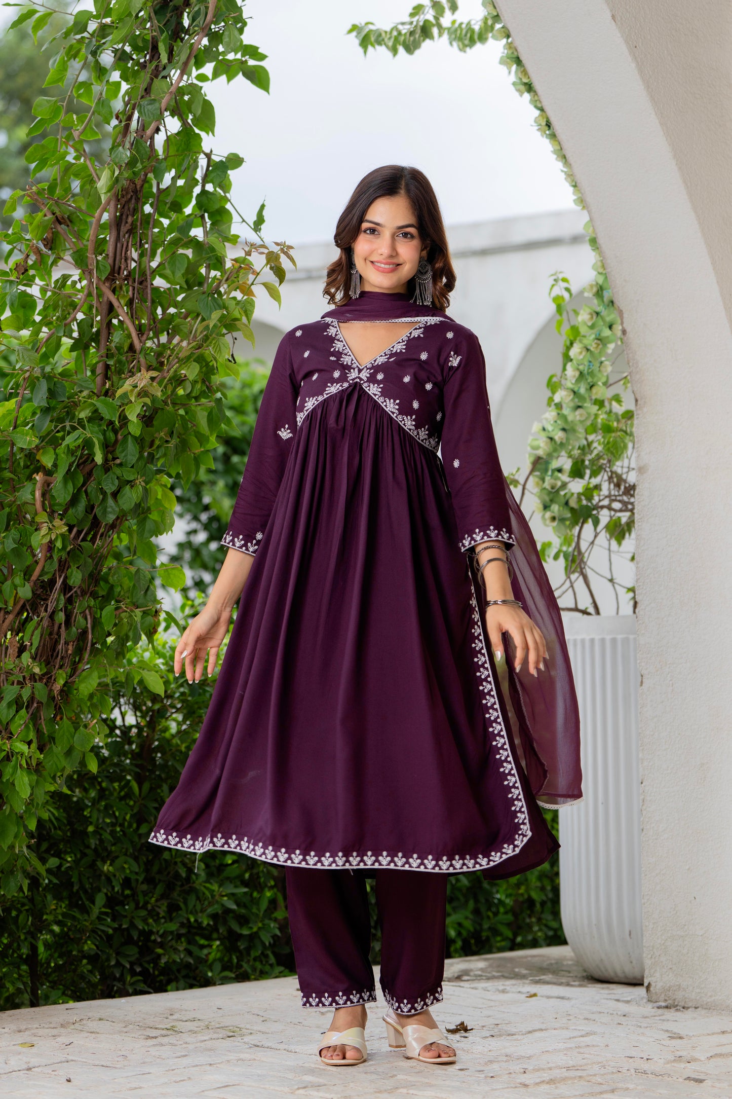 Purple Nyra Cut Embroidered Rayon Kurta and Pant Set with Dupatta