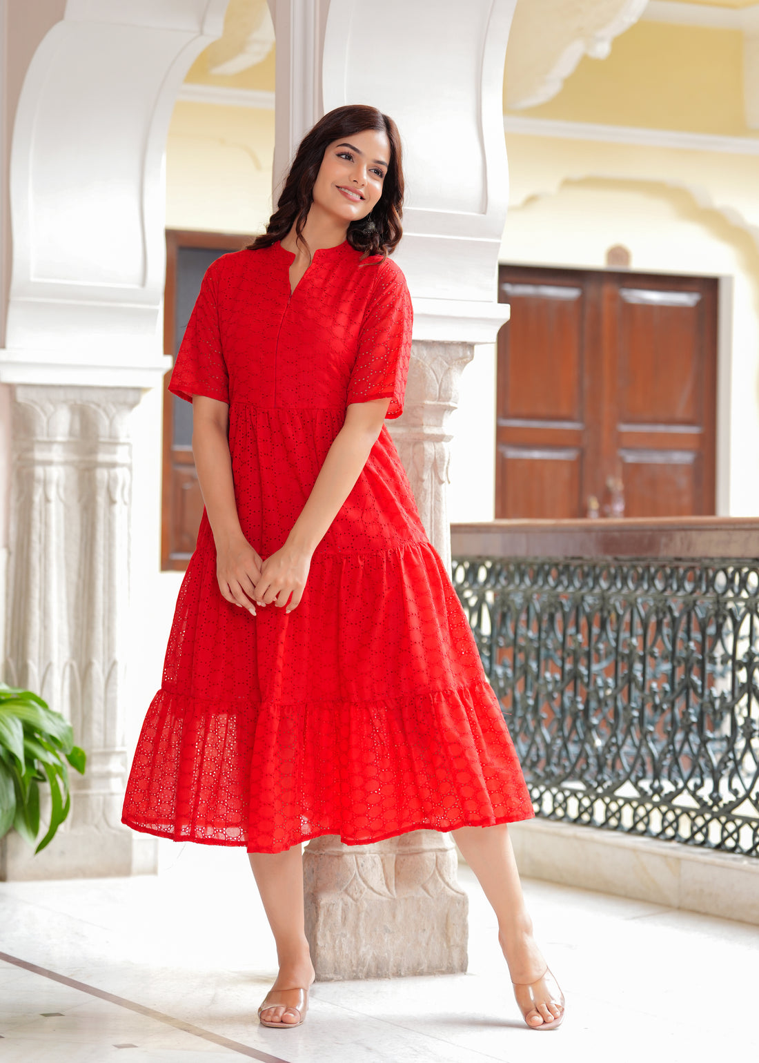 Red Cotton Schiffli Flared Dress