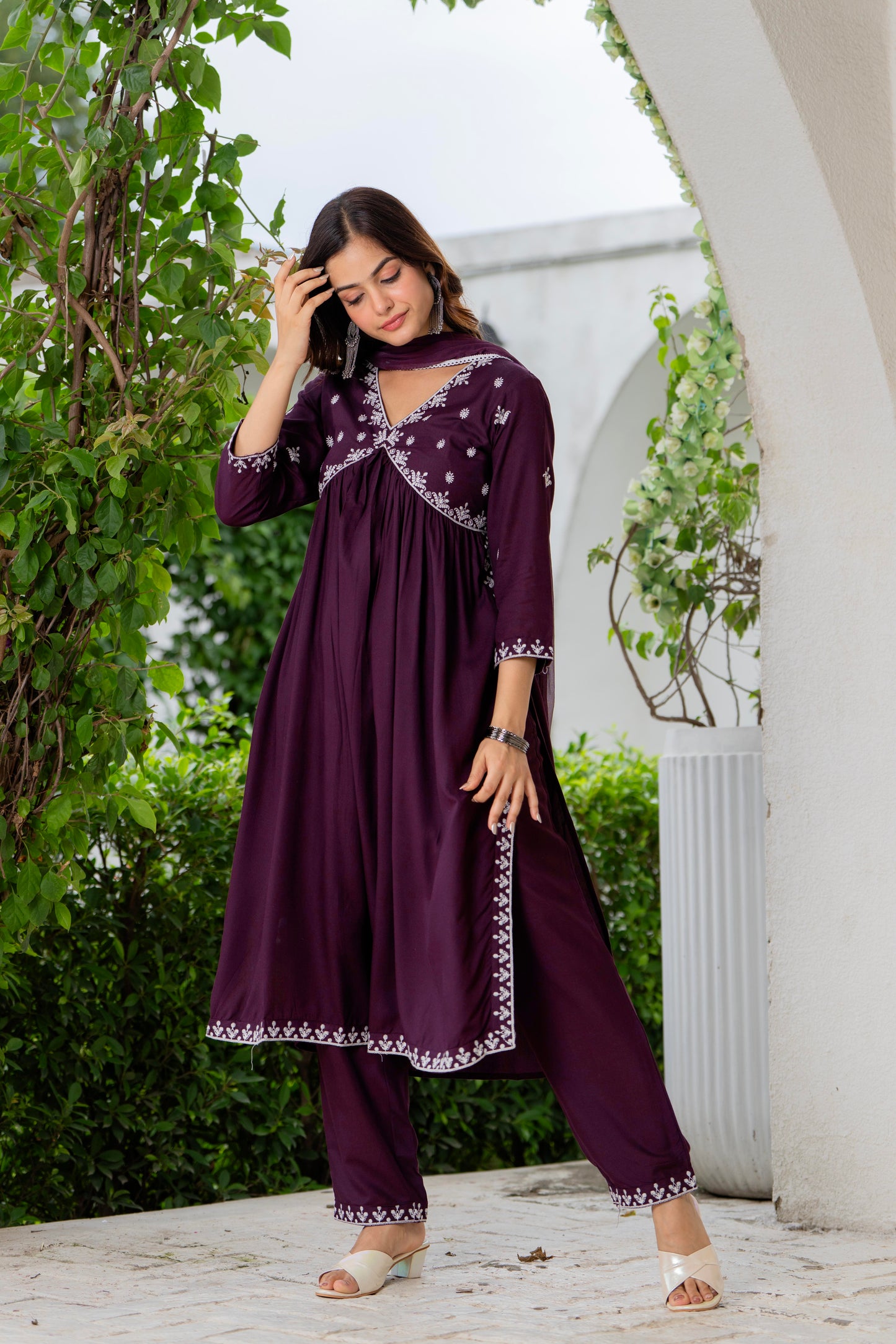 Purple Nyra Cut Embroidered Rayon Kurta and Pant Set with Dupatta