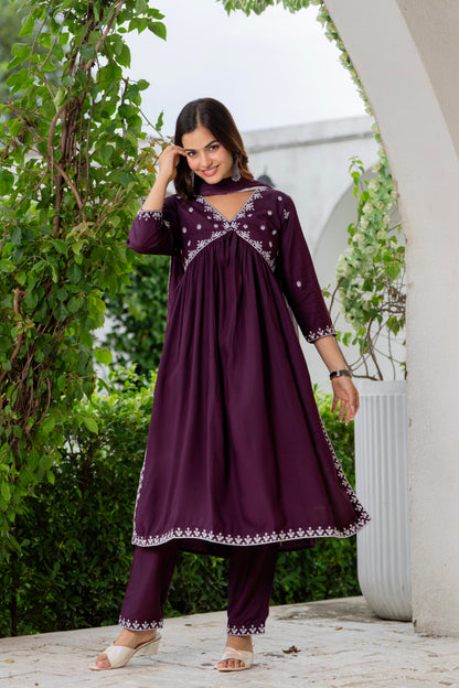 Purple Nyra Cut Embroidered Rayon Kurta and Pant Set with Dupatta