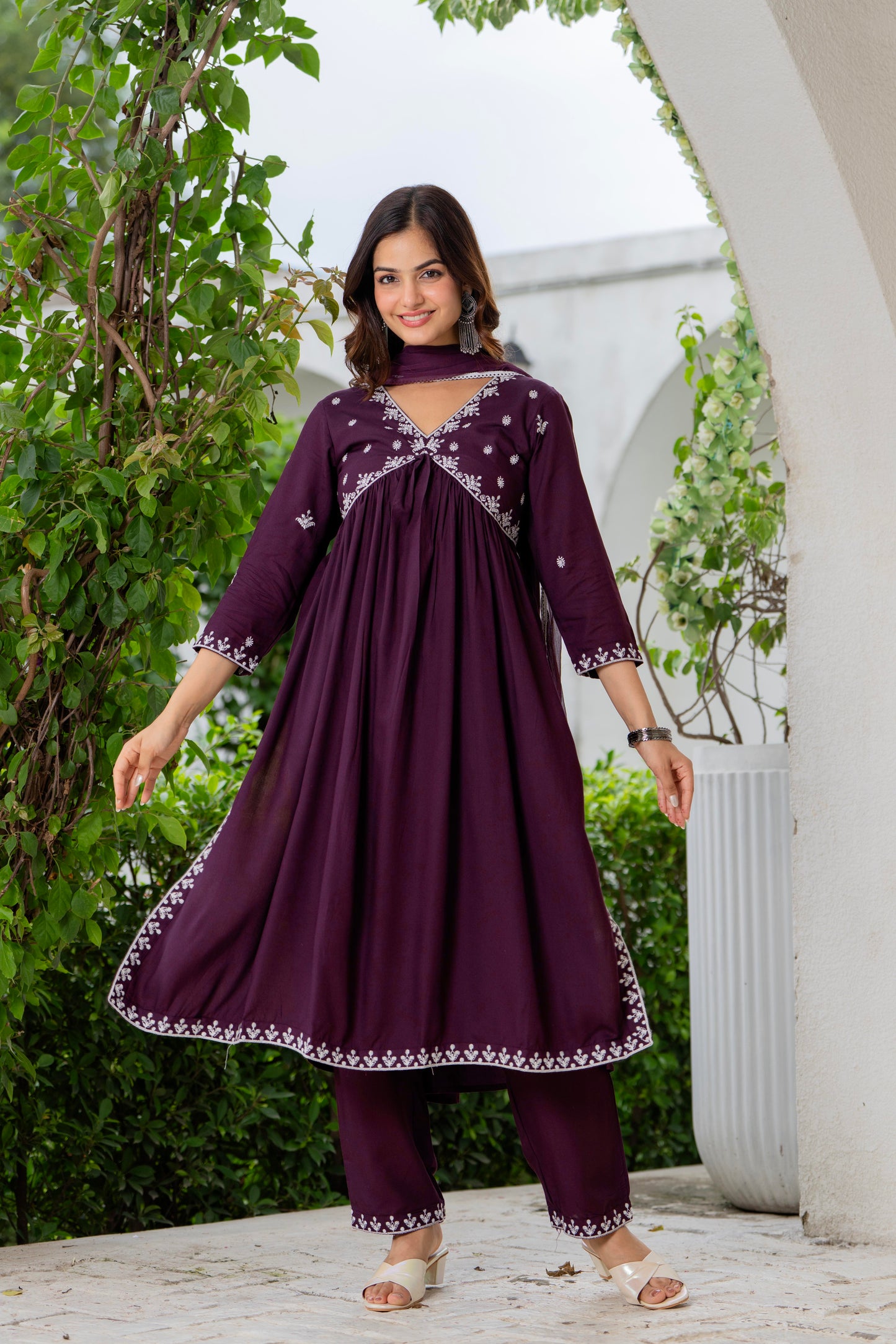 Purple Nyra Cut Embroidered Rayon Kurta and Pant Set with Dupatta
