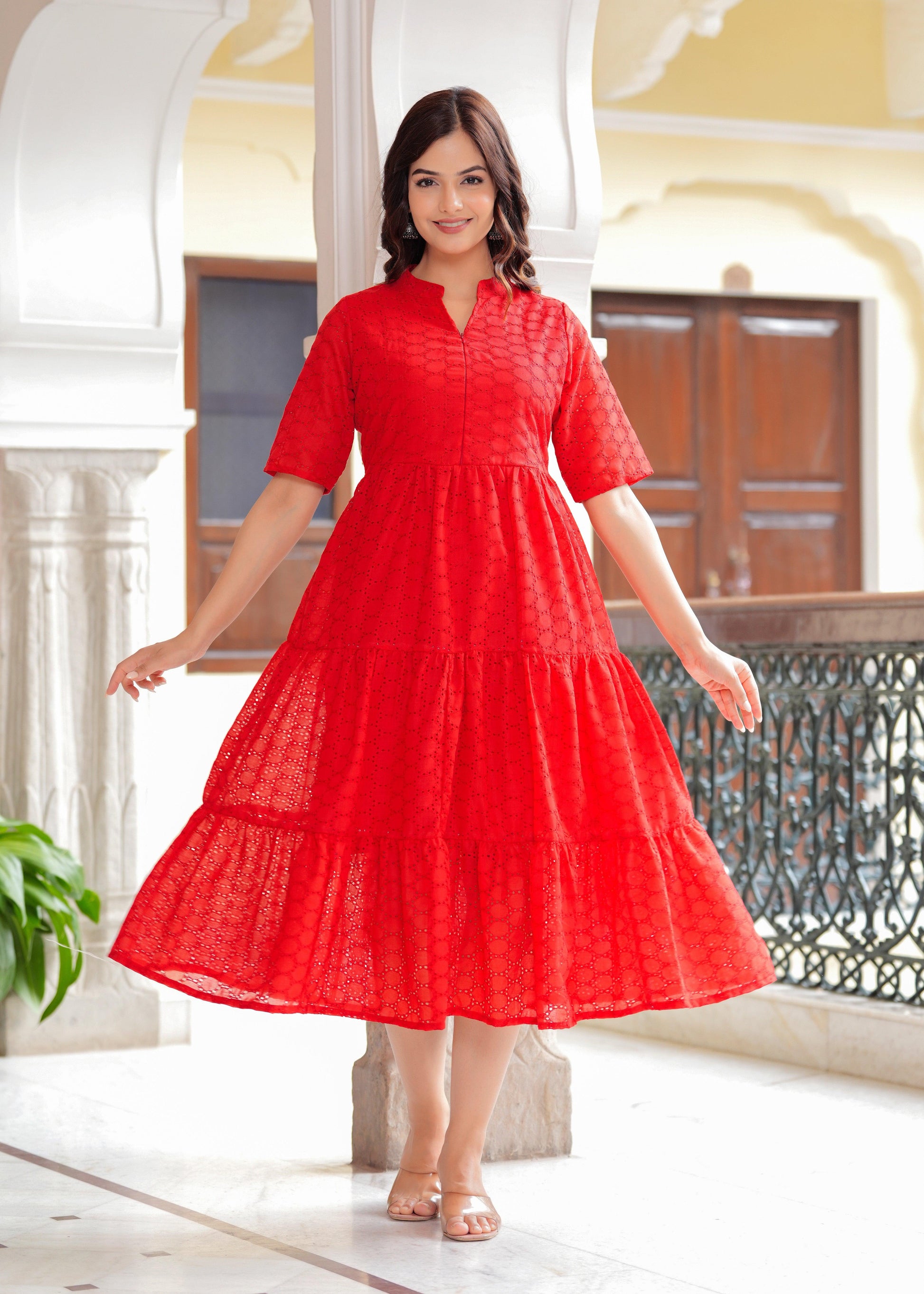 Red Cotton Schiffli Flared Dress Style Jaipur Red Cotton Schiffli Flared Dress Style Jaipur