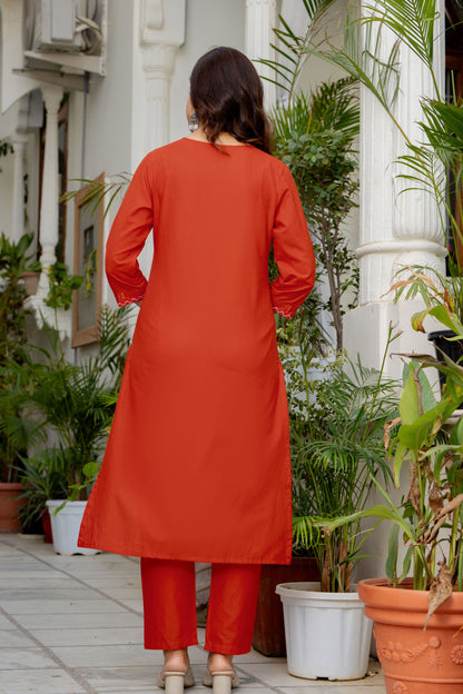 Orange Embroidered Cotton Kurta and Pant Set with Dupatta