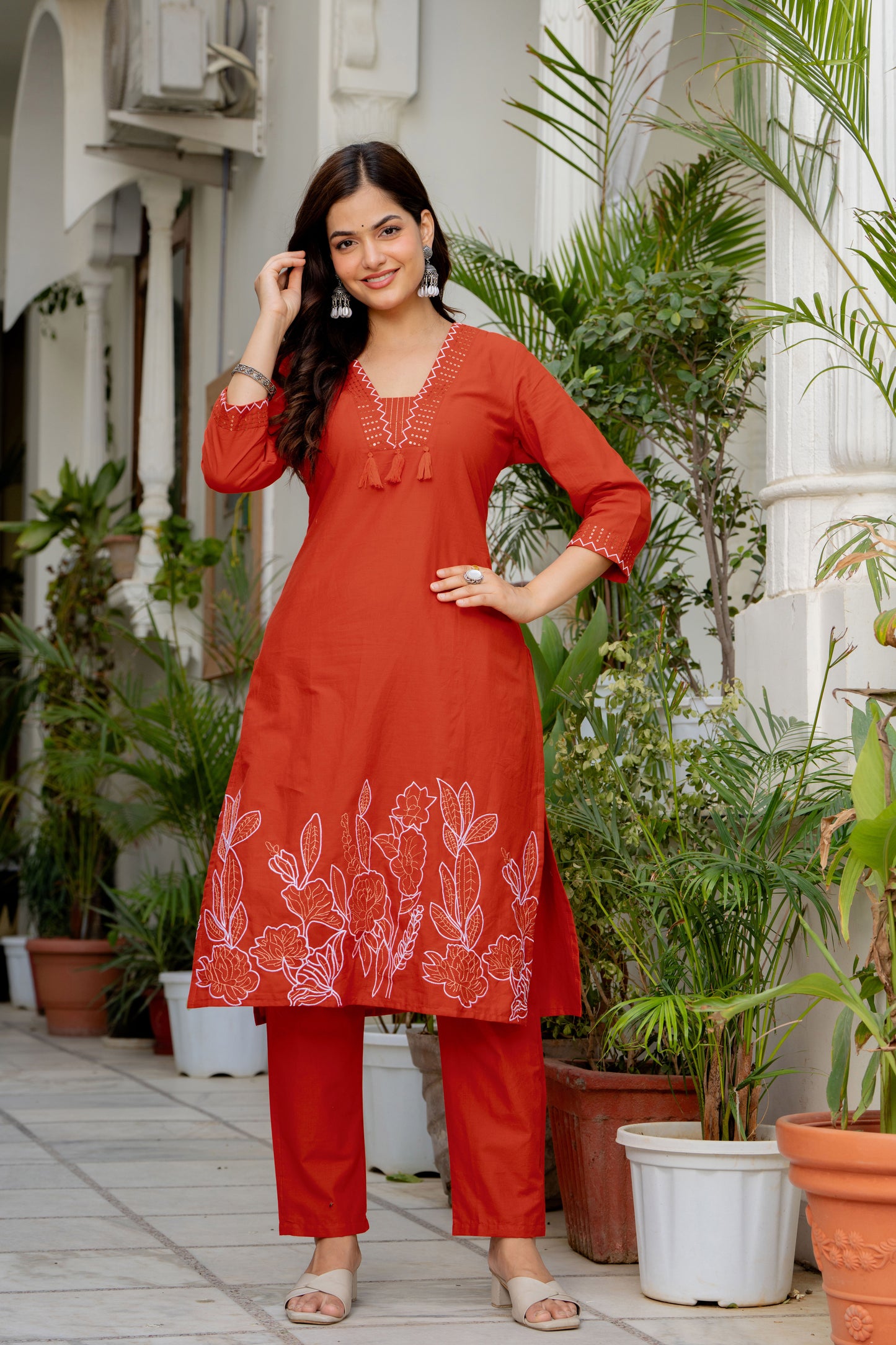 Orange Embroidered Cotton Kurta and Pant Set with Dupatta