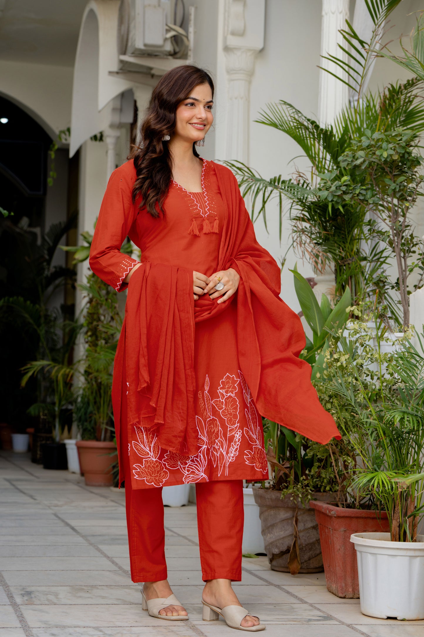 Orange Embroidered Cotton Kurta and Pant Set with Dupatta