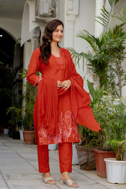 Orange Embroidered Cotton Kurta and Pant Set with Dupatta
