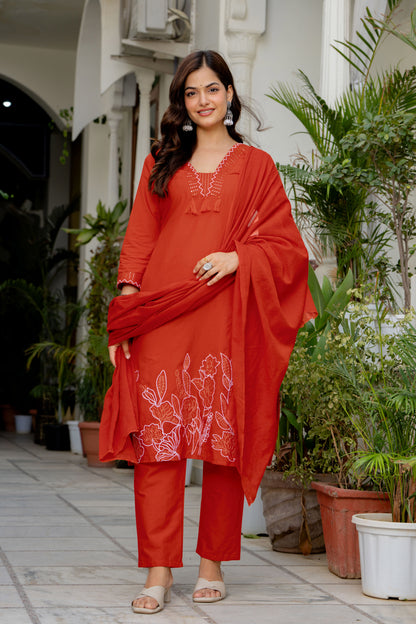 Orange Embroidered Cotton Kurta and Pant Set with Dupatta