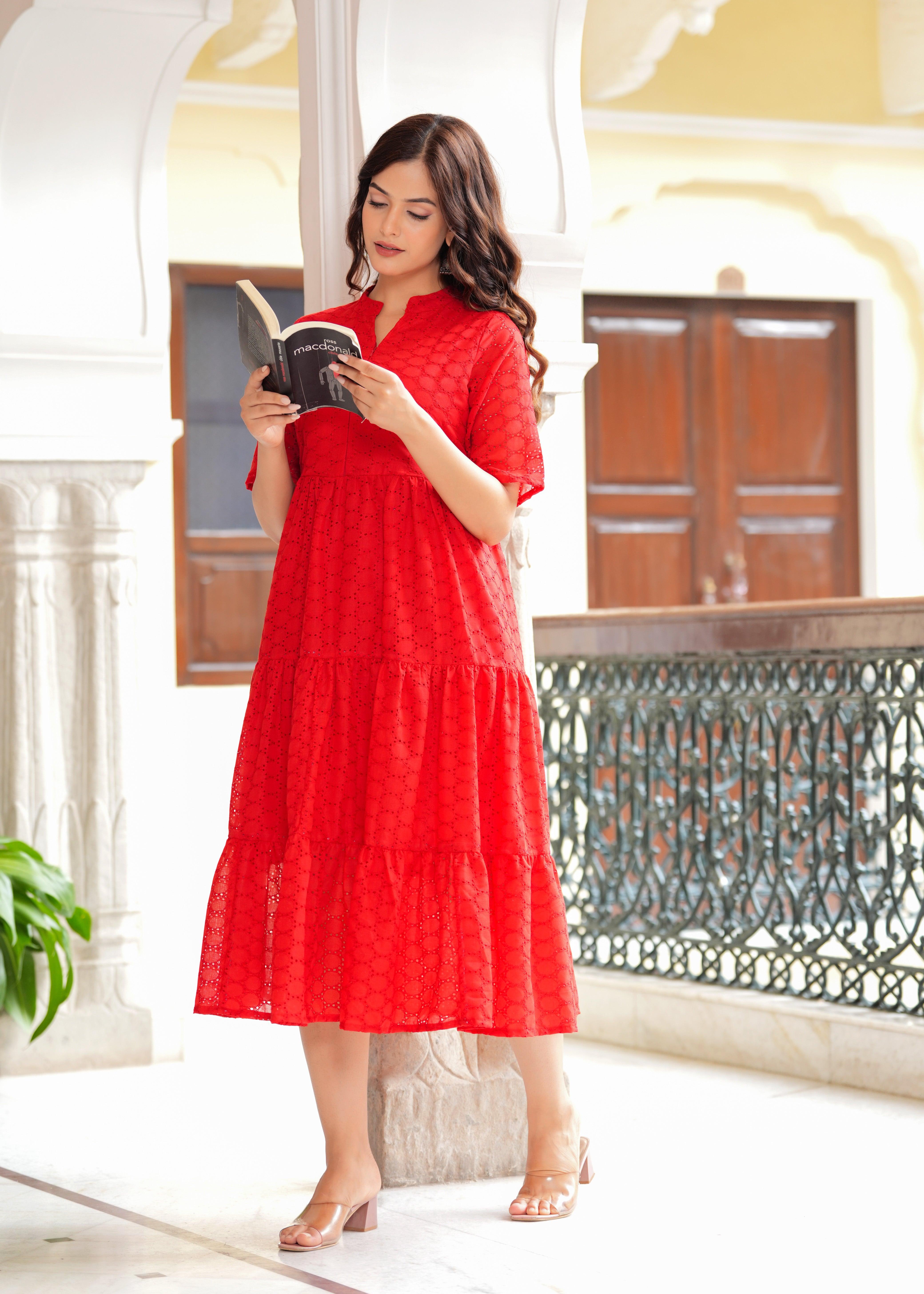 Red Cotton Schiffli Flared Dress