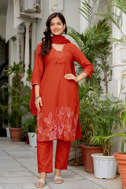Orange Embroidered Cotton Kurta and Pant Set with Dupatta