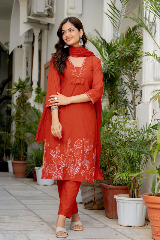 Orange Embroidered Cotton Kurta and Pant Set with Dupatta