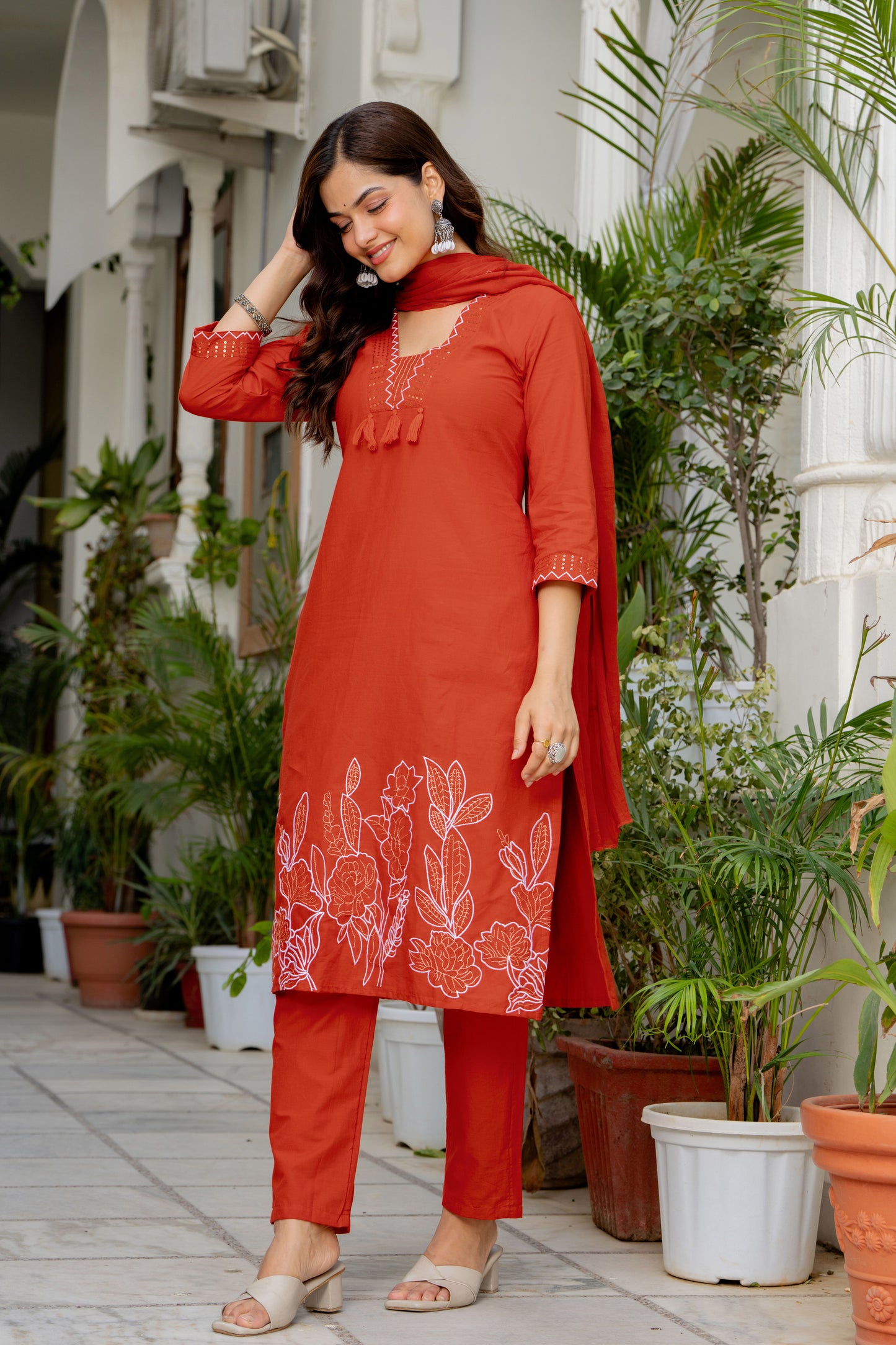 Orange Embroidered Cotton Kurta and Pant Set with Dupatta