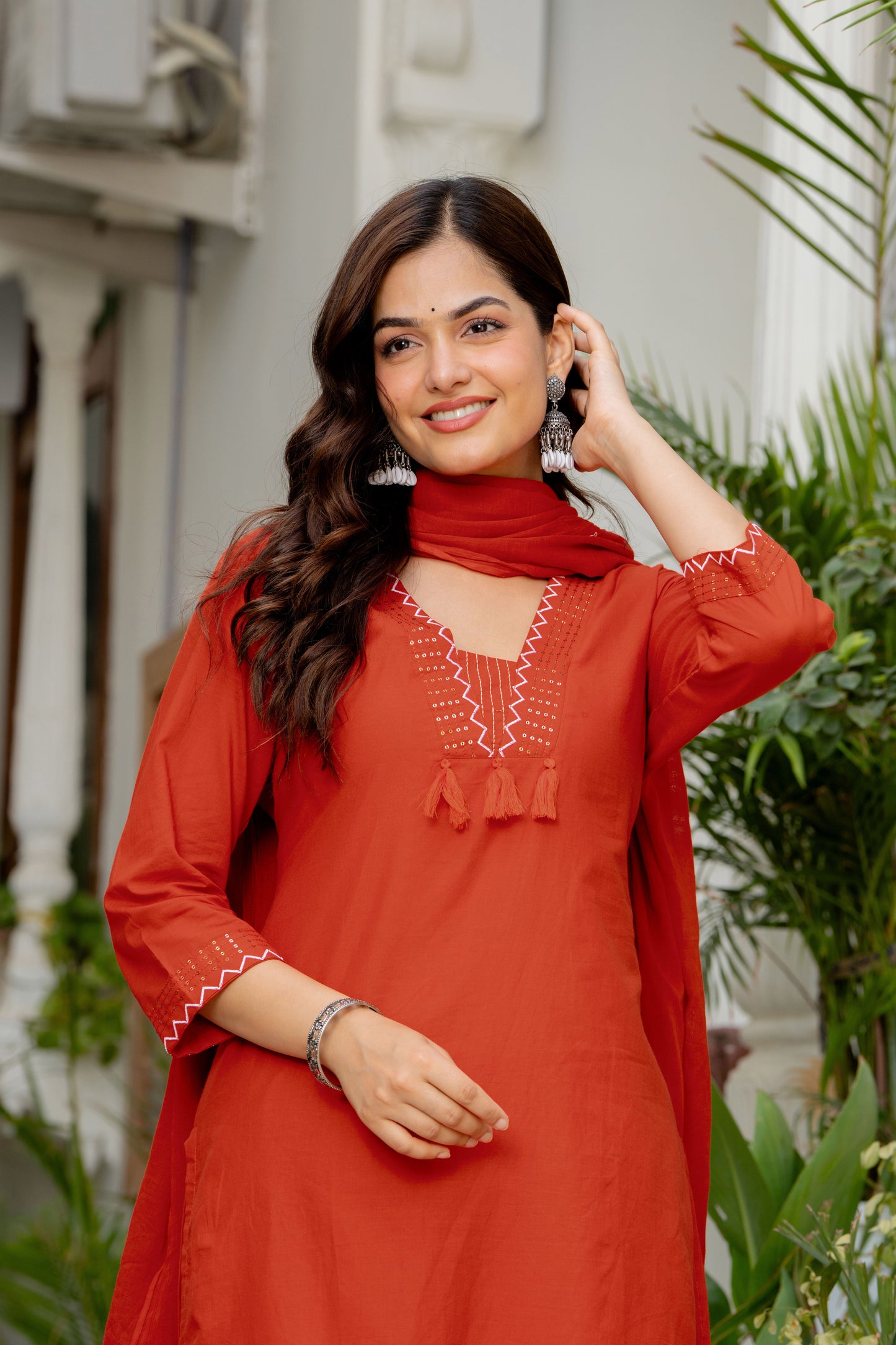 Orange Embroidered Cotton Kurta and Pant Set with Dupatta