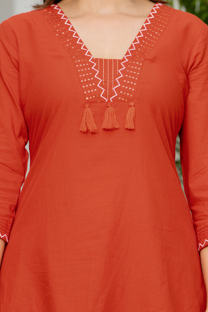 Orange Embroidered Cotton Kurta and Pant Set with Dupatta