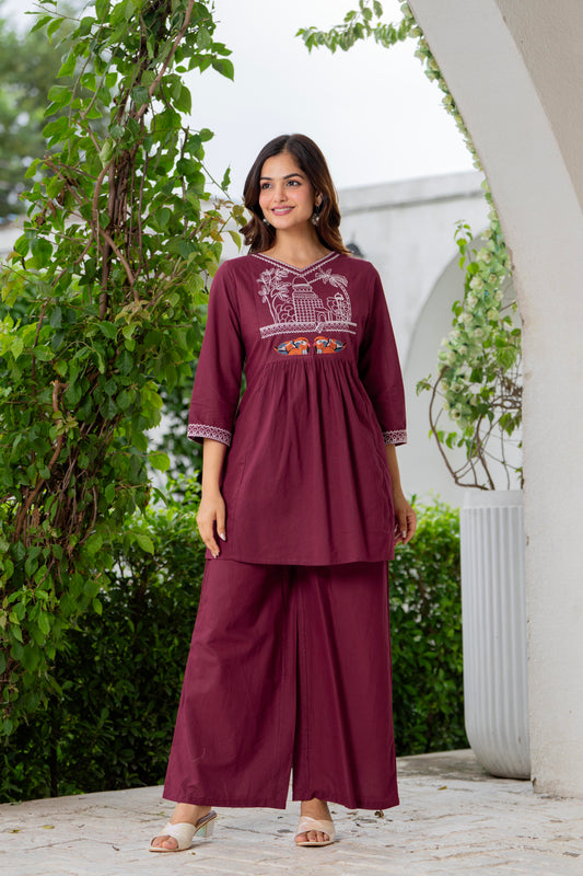Maroon Embroidered Cotton Co-Ord Set