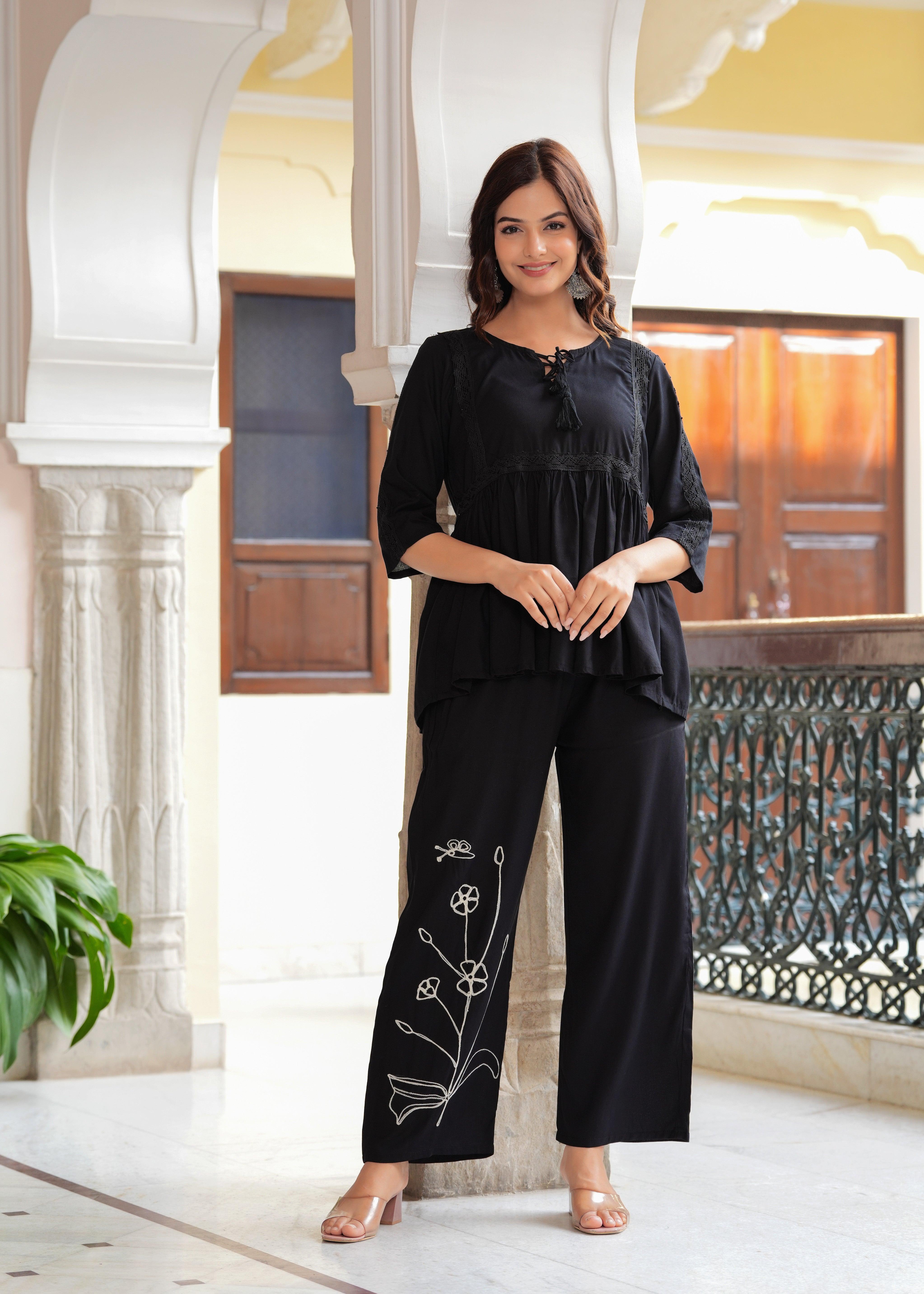 Black Embroidered Viscose Rayon Co-Ord Set