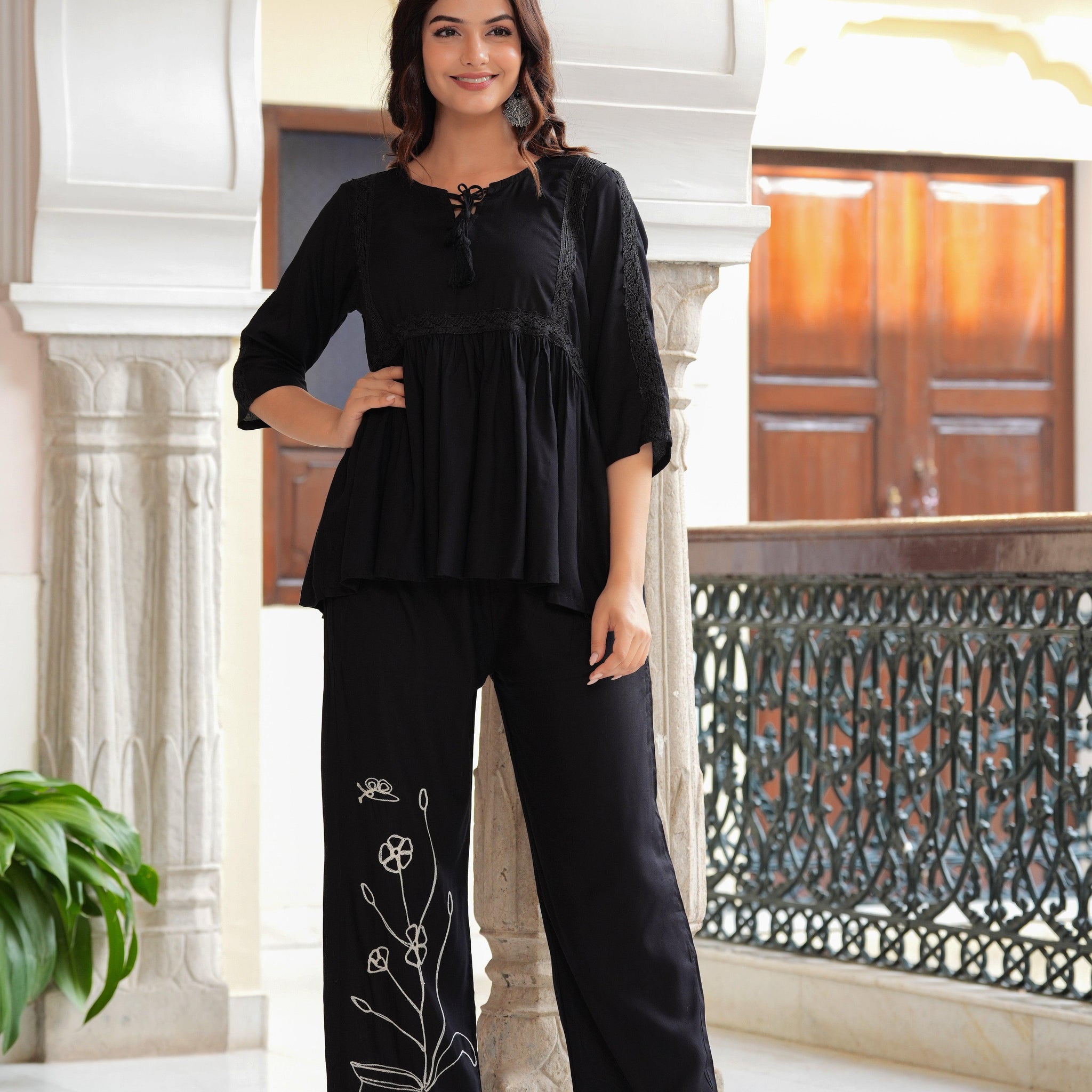 Black Embroidered Viscose Rayon Co-Ord Set