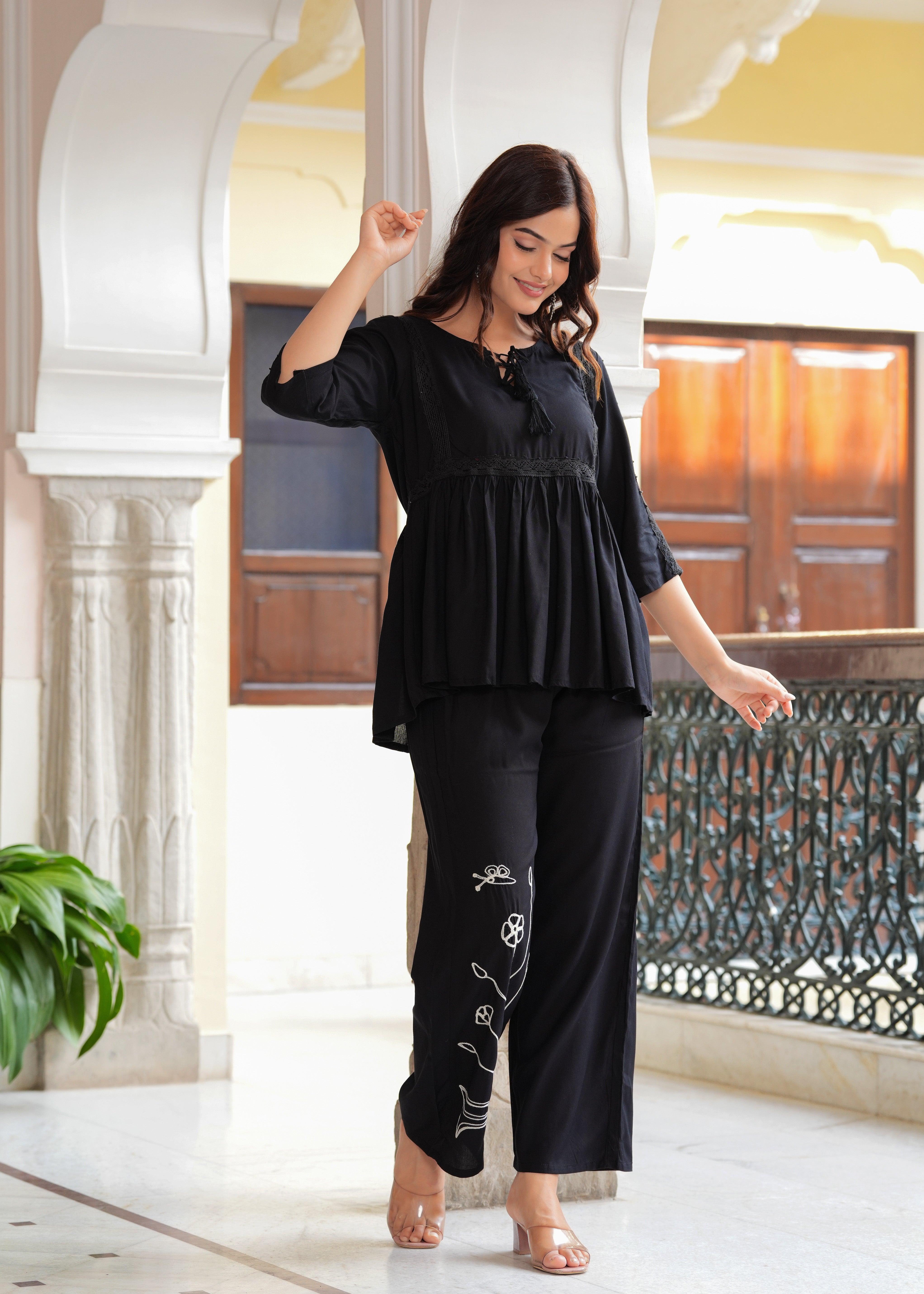 Black Embroidered Viscose Rayon Co-Ord Set
