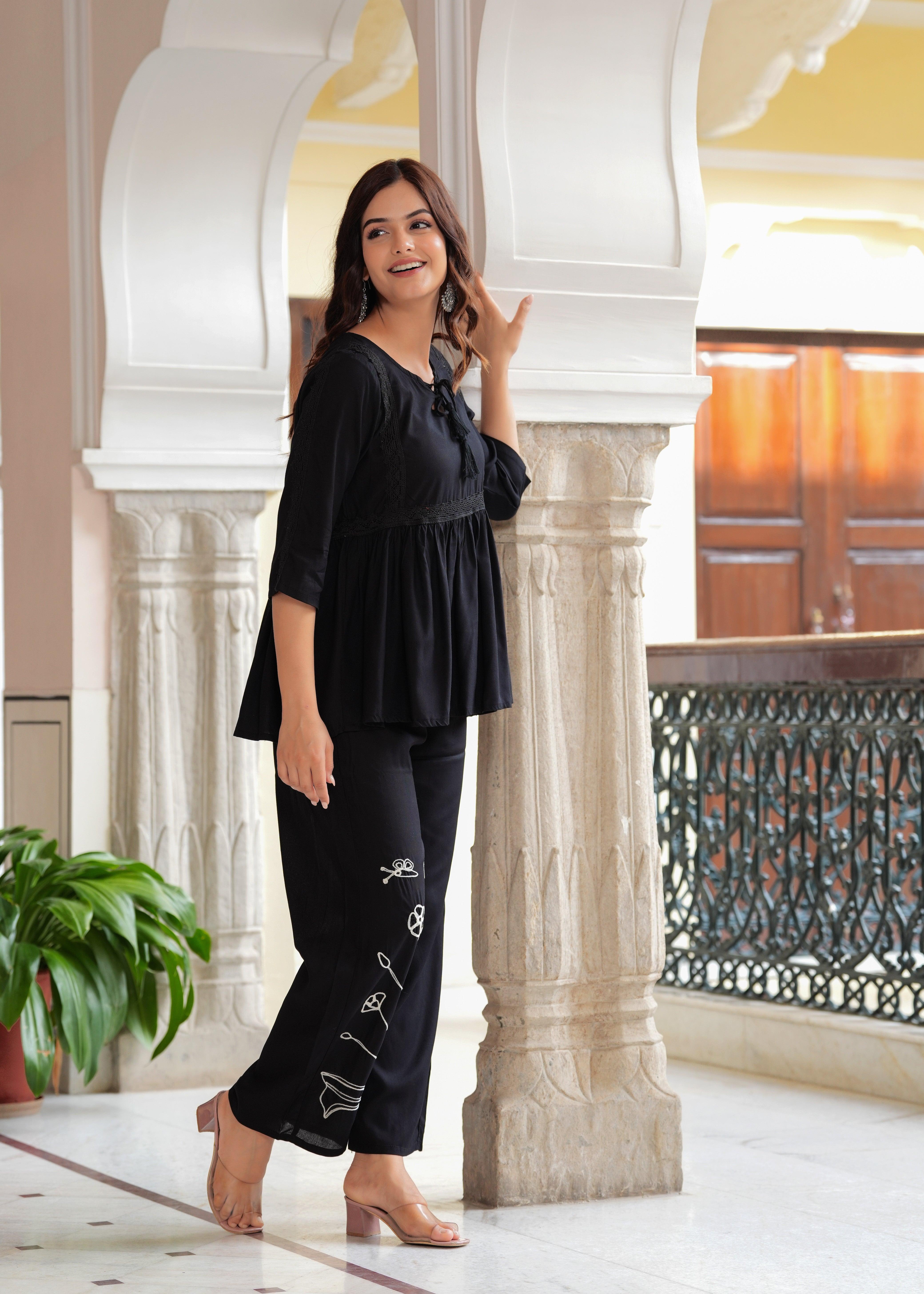 Black Embroidered Viscose Rayon Co-Ord Set