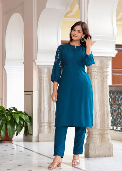 Embroidered Rayon Kurta and Pant Set
