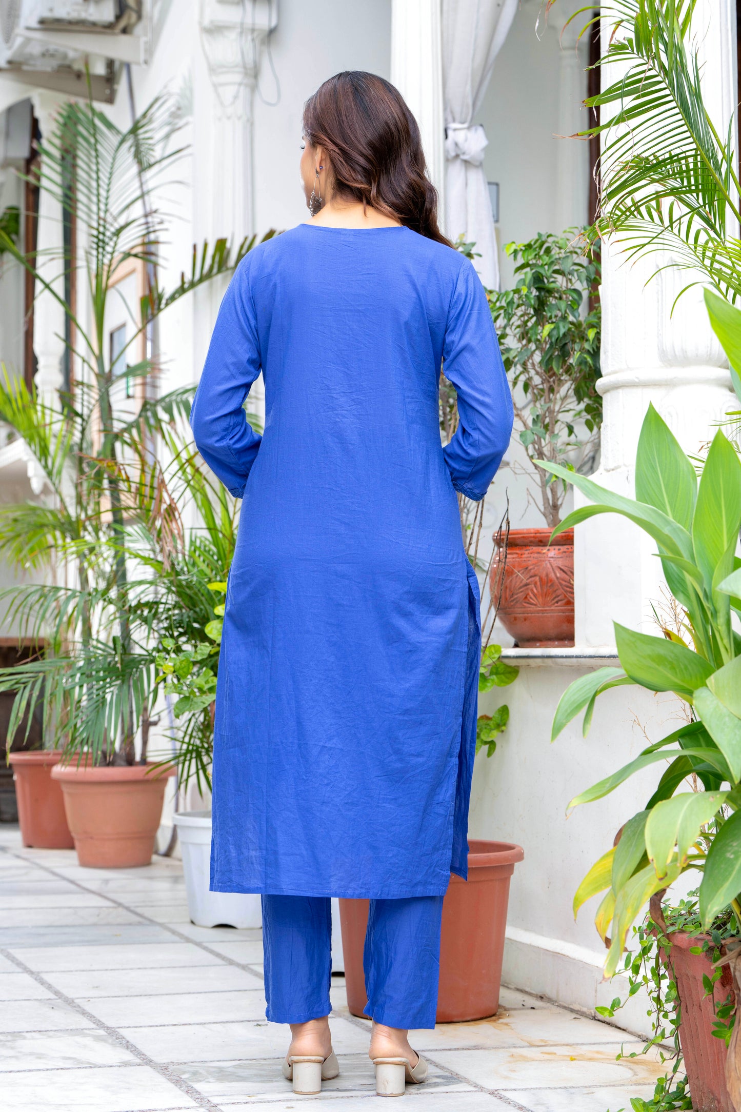 Blue Embroidered Cotton Kurta and Pant Set with Dupatta