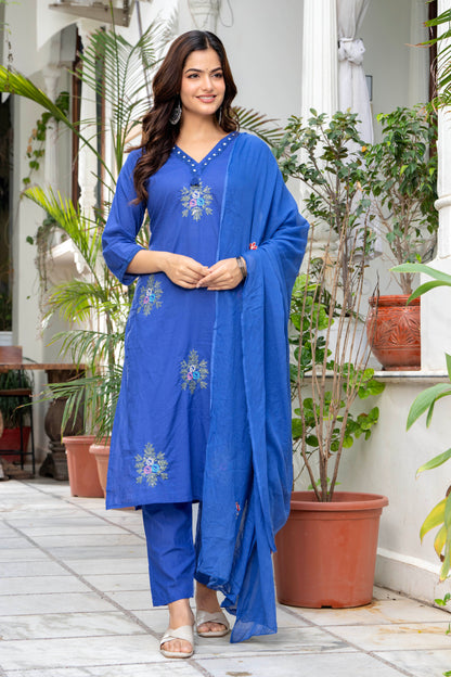 Blue Embroidered Cotton Kurta and Pant Set with Dupatta
