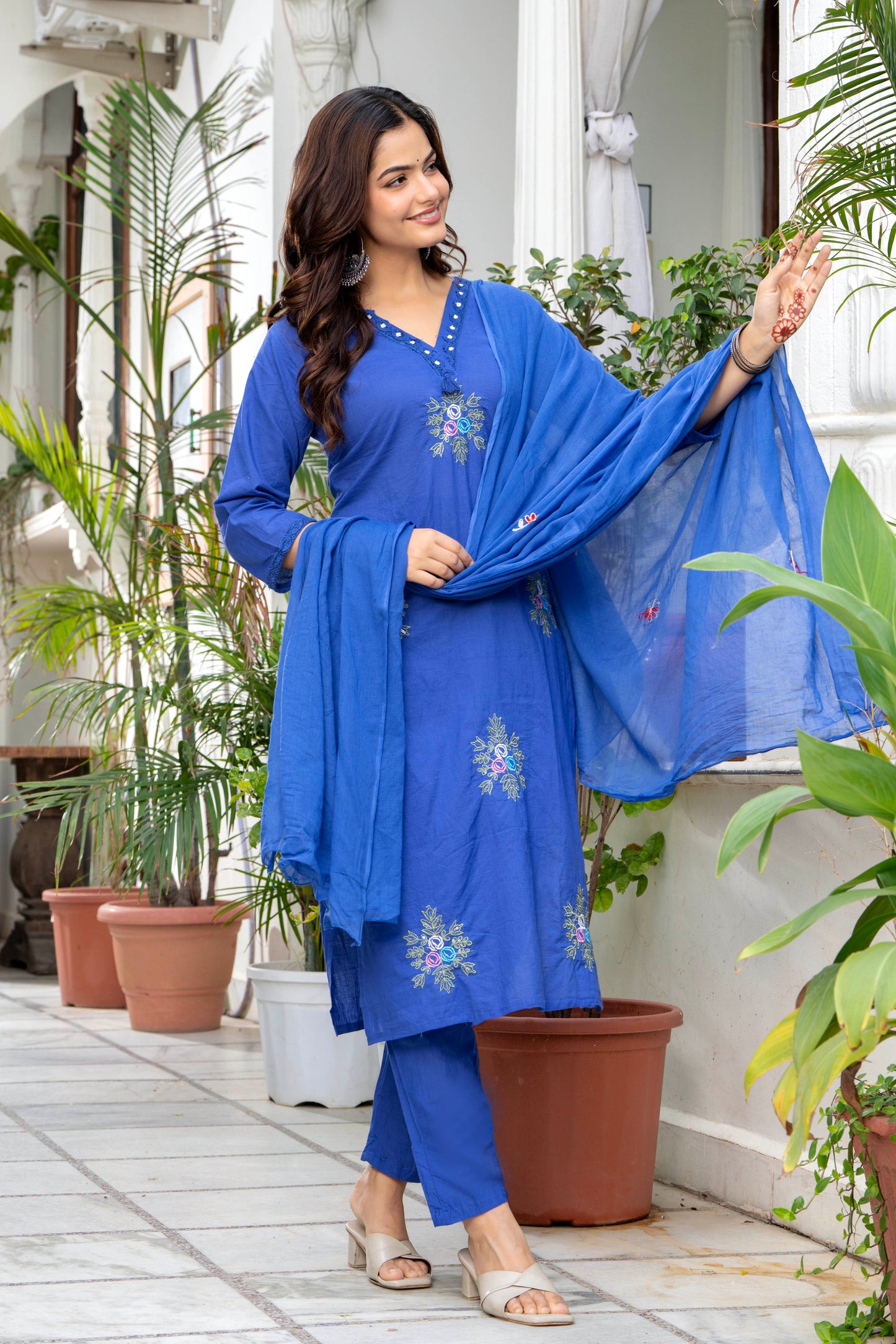 Blue Embroidered Cotton Kurta and Pant Set with Dupatta