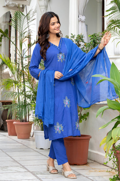 Blue Embroidered Cotton Kurta and Pant Set with Dupatta