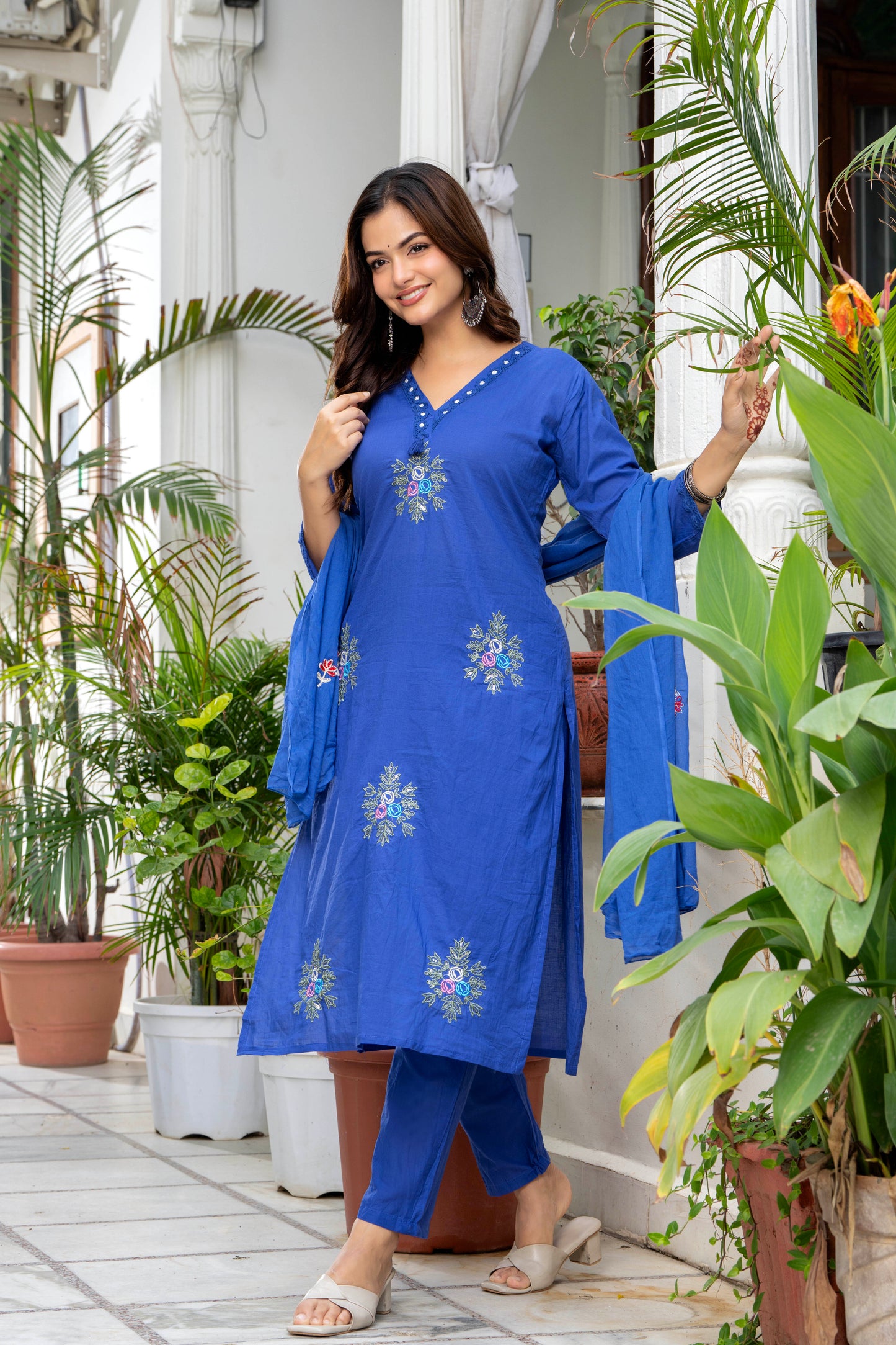 Blue Embroidered Cotton Kurta and Pant Set with Dupatta
