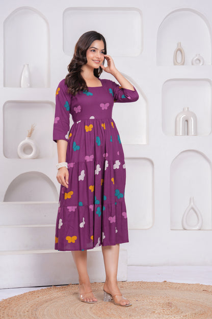 Wine Butterfly Printed Rayon Anarkali Gown