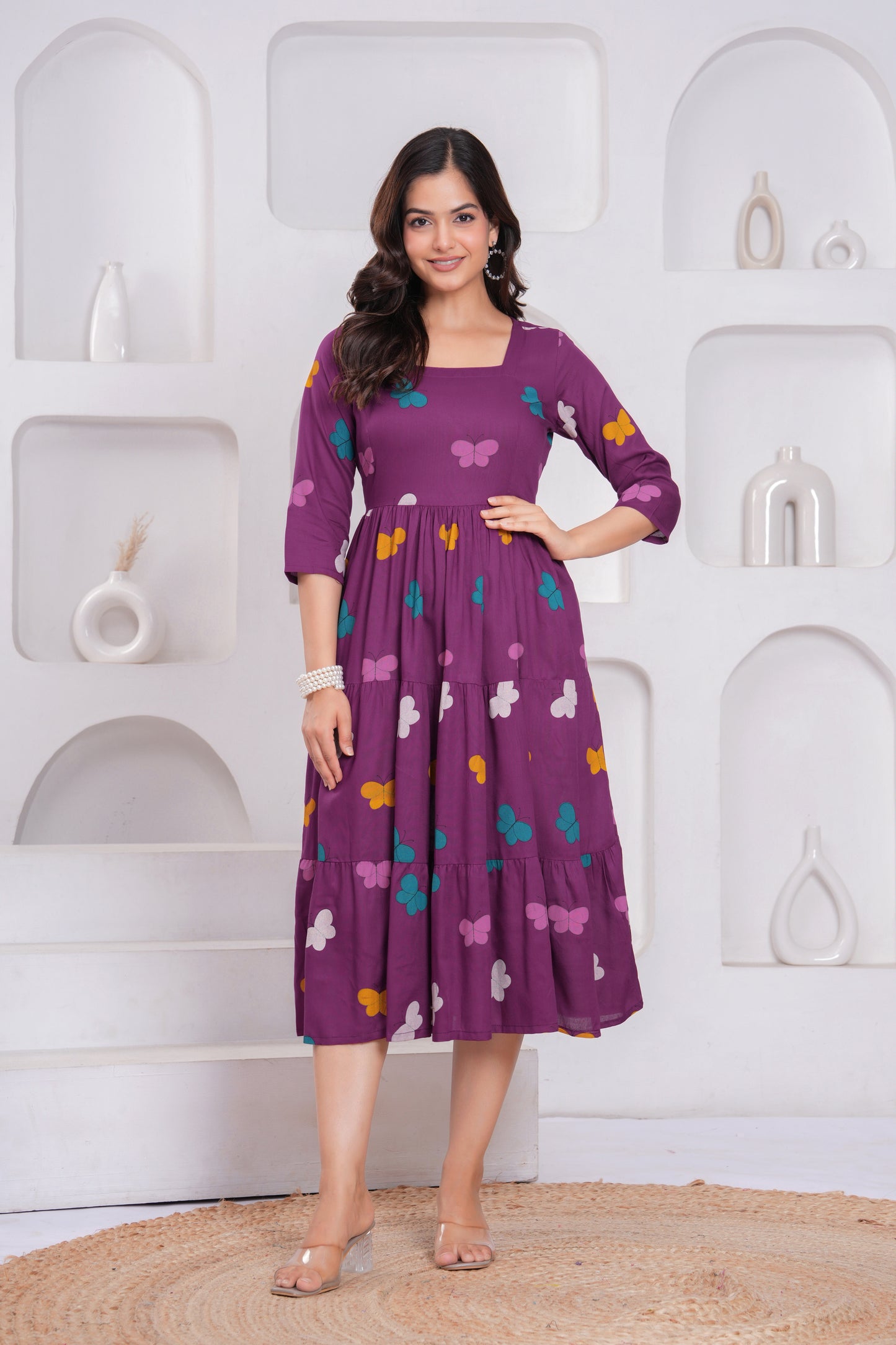 Wine Butterfly Printed Rayon Anarkali Gown
