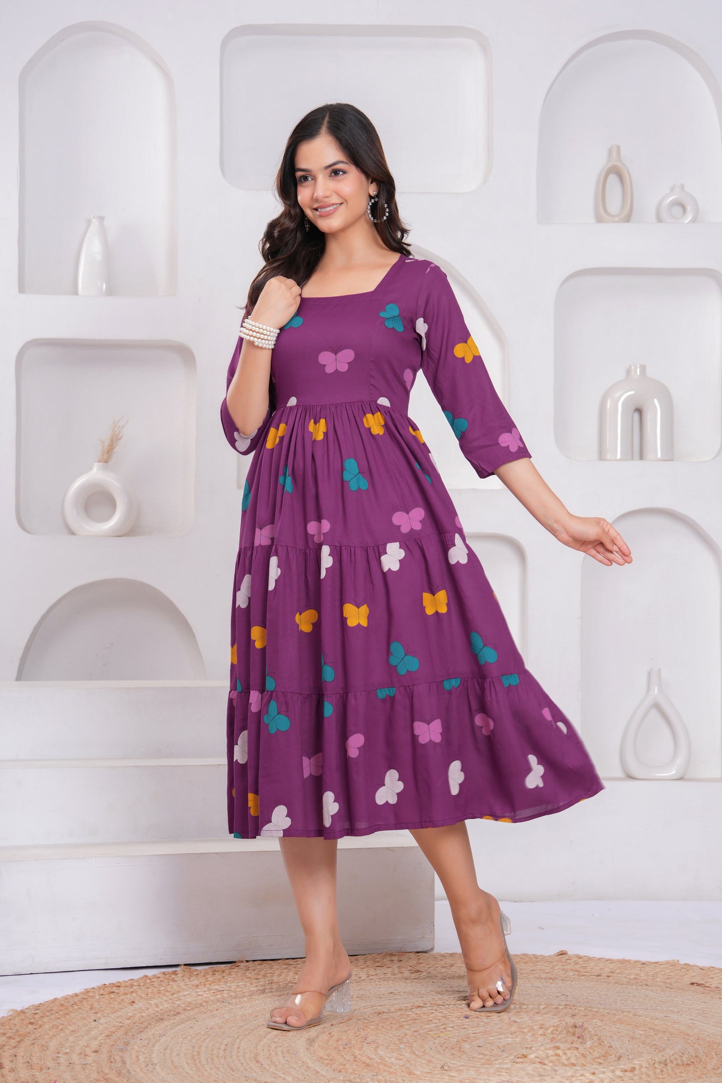 Wine Butterfly Printed Rayon Anarkali Gown