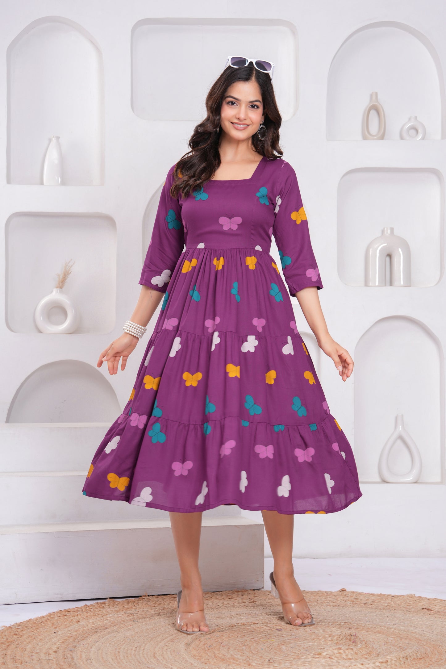 Wine Butterfly Printed Rayon Anarkali Gown