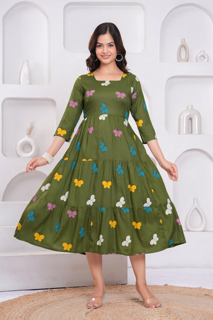 Green Butterfly Printed Rayon Anarkali Gown
