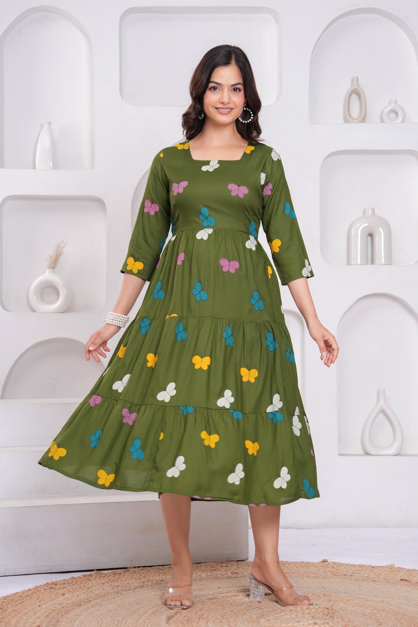 Green Butterfly Printed Rayon Anarkali Gown