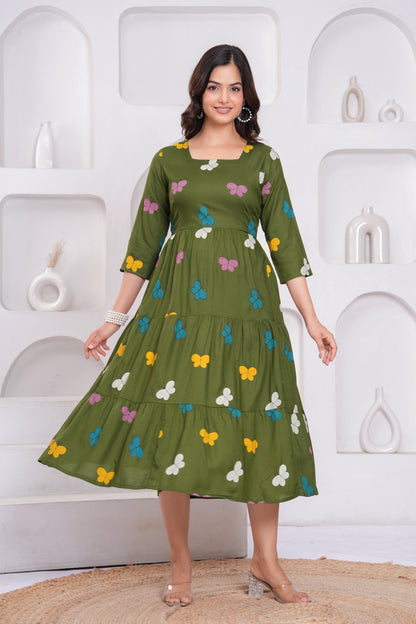 Green Butterfly Printed Rayon Anarkali Gown