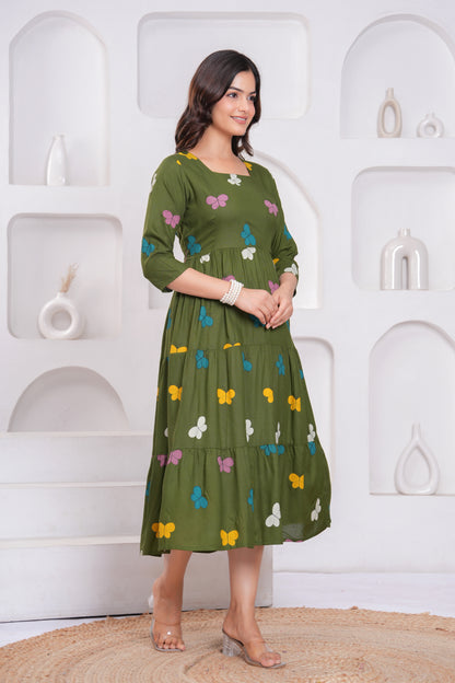 Green Butterfly Printed Rayon Anarkali Gown