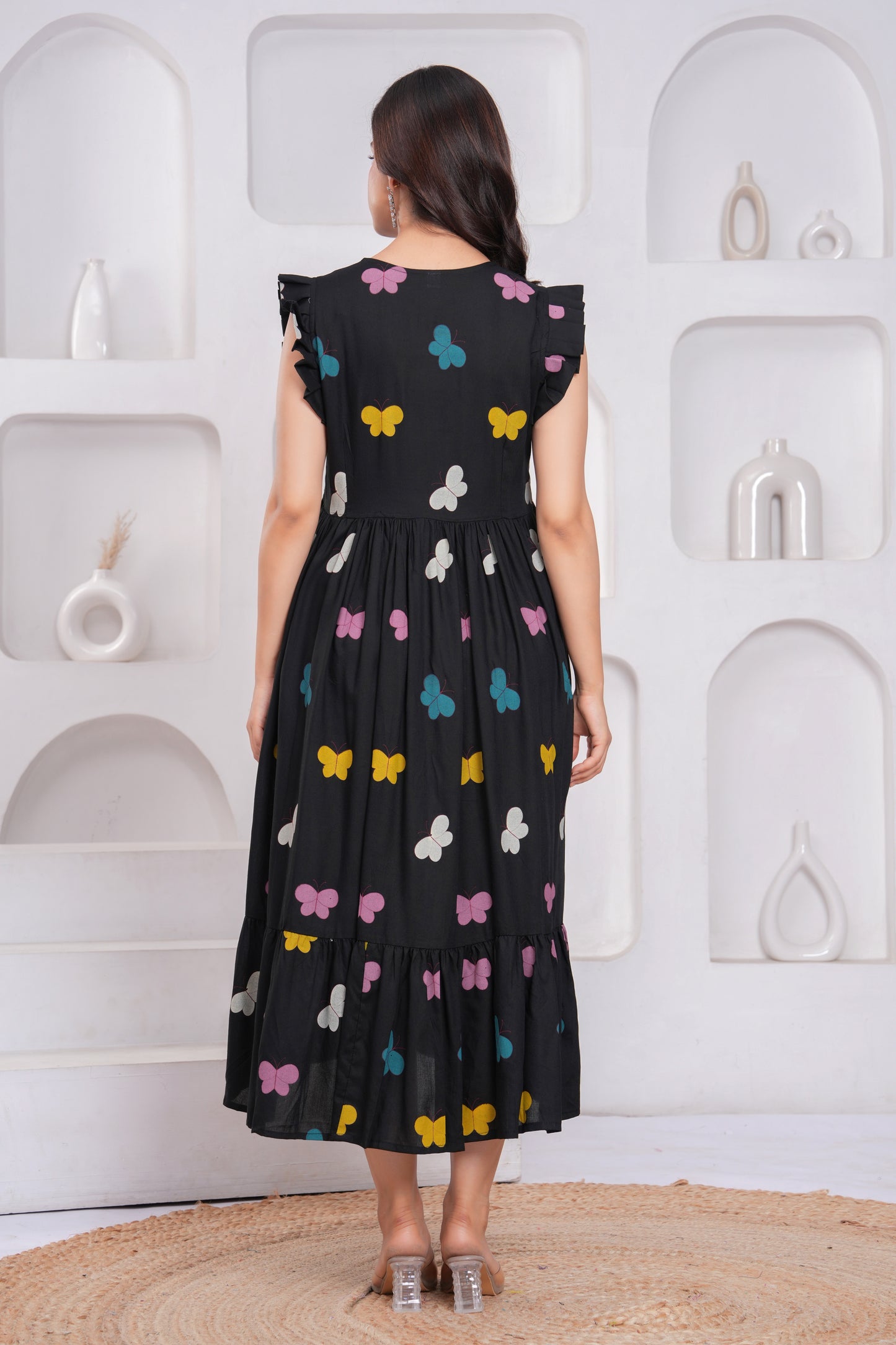 Black Butterfly Printed Rayon Anarkali Gown