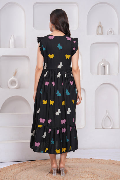 Black Butterfly Printed Rayon Anarkali Gown