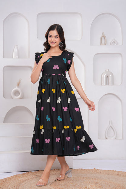 Black Butterfly Printed Rayon Anarkali Gown