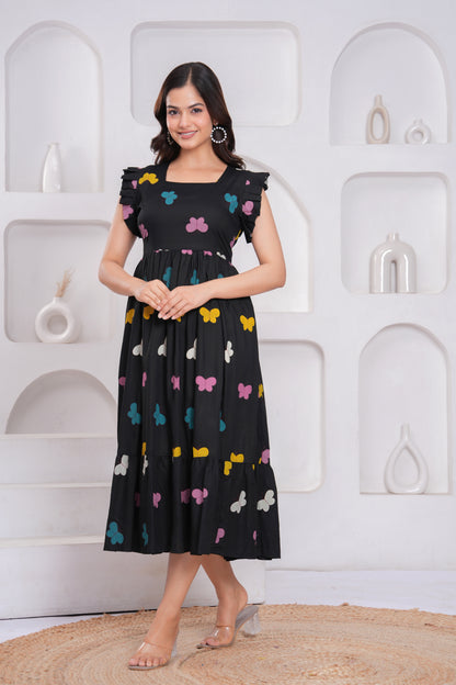 Black Butterfly Printed Rayon Anarkali Gown