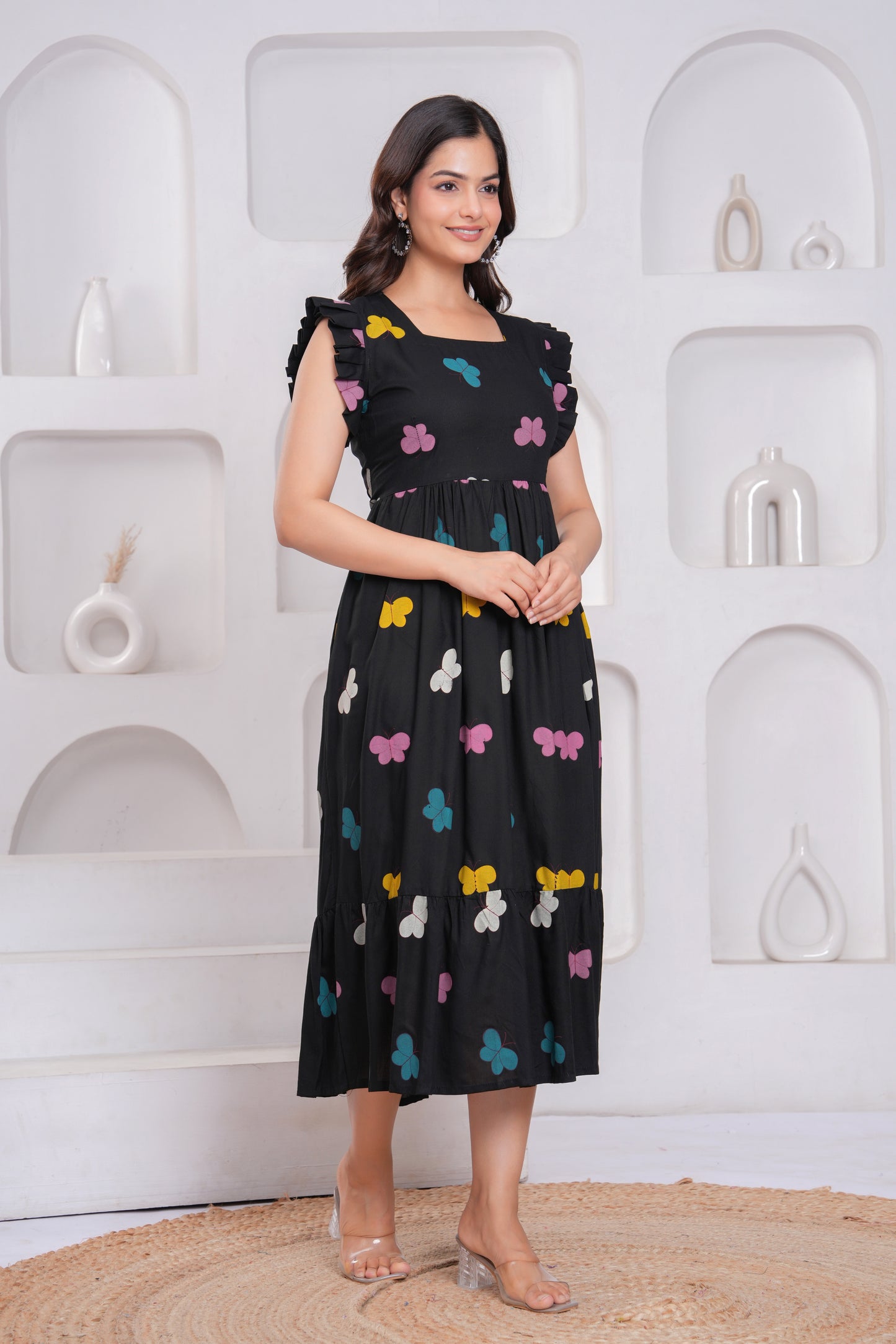 Black Butterfly Printed Rayon Anarkali Gown