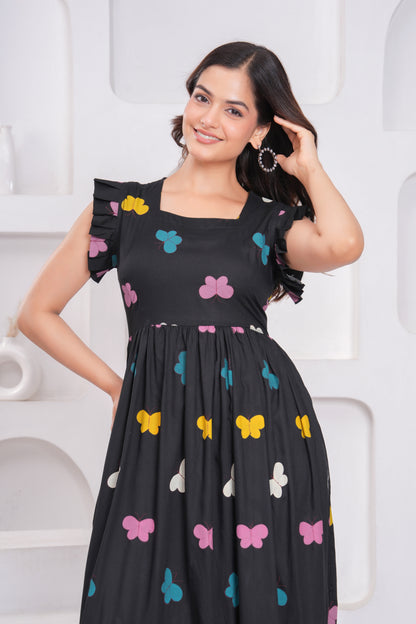 Black Butterfly Printed Rayon Anarkali Gown