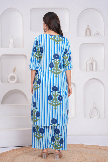 Blue Printed Cotton Kurta and Palazzo Set