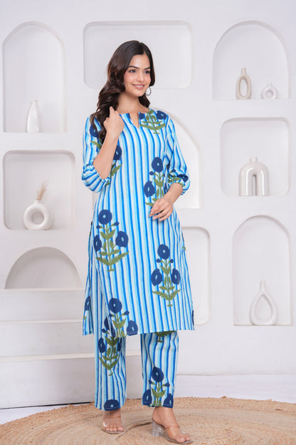 Blue Printed Cotton Kurta and Palazzo Set