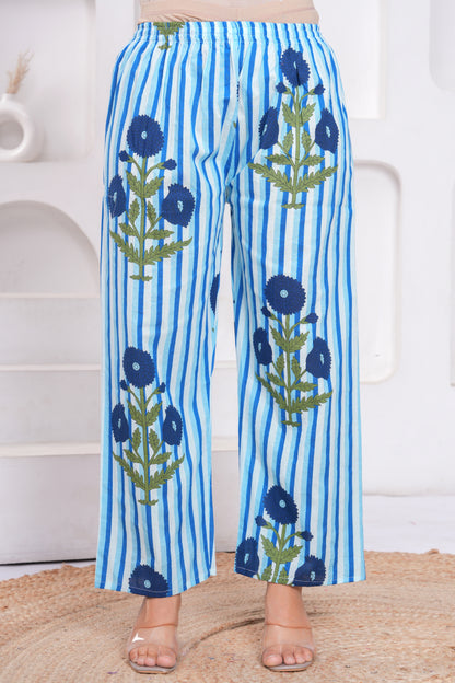 Blue Printed Cotton Kurta and Palazzo Set