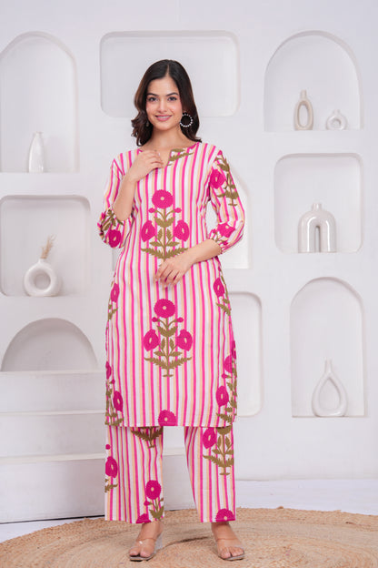 Pink Printed Cotton Kurta and Palazzo Set
