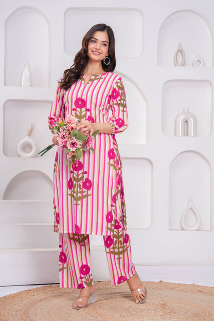 Pink Printed Cotton Kurta and Palazzo Set